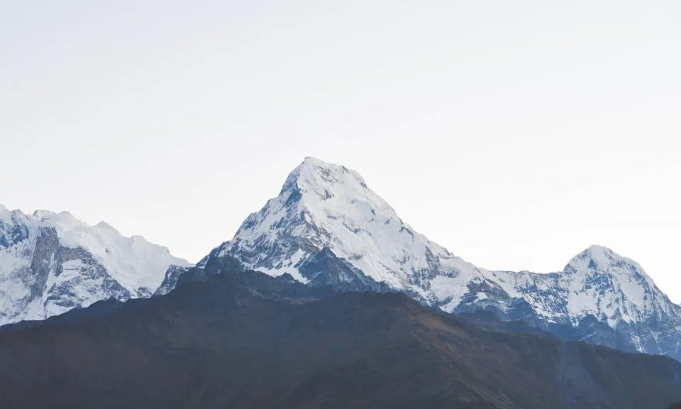 Snow-capped Annapurna peaks above a dark forested ridge